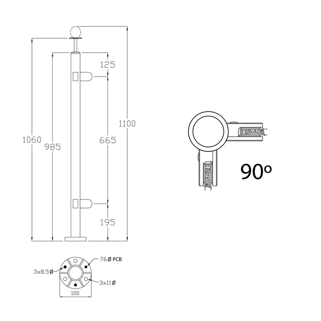 Stainless Steel Corner Post 90° for Glass Balustrade Handrail, G316 Premium - Gladwell Glass