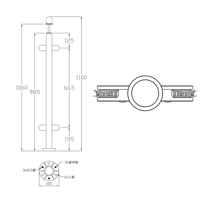 Stainless Steel Centre Post for Glass Balustrade Handrail, G316 Premium - Gladwell Glass