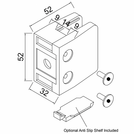 Square Glass Clamp, 52mm - 316 Grade Satin Stainless Steel, Flat Back - Gladwell Glass 