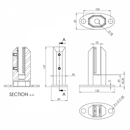 Frameless Glass Balustrade Railing Spigot System with 10mm Toughened Clear Glass - Stocked for quick delivery - Gladwell Glass - Technical Drawing Showing Meausrments
